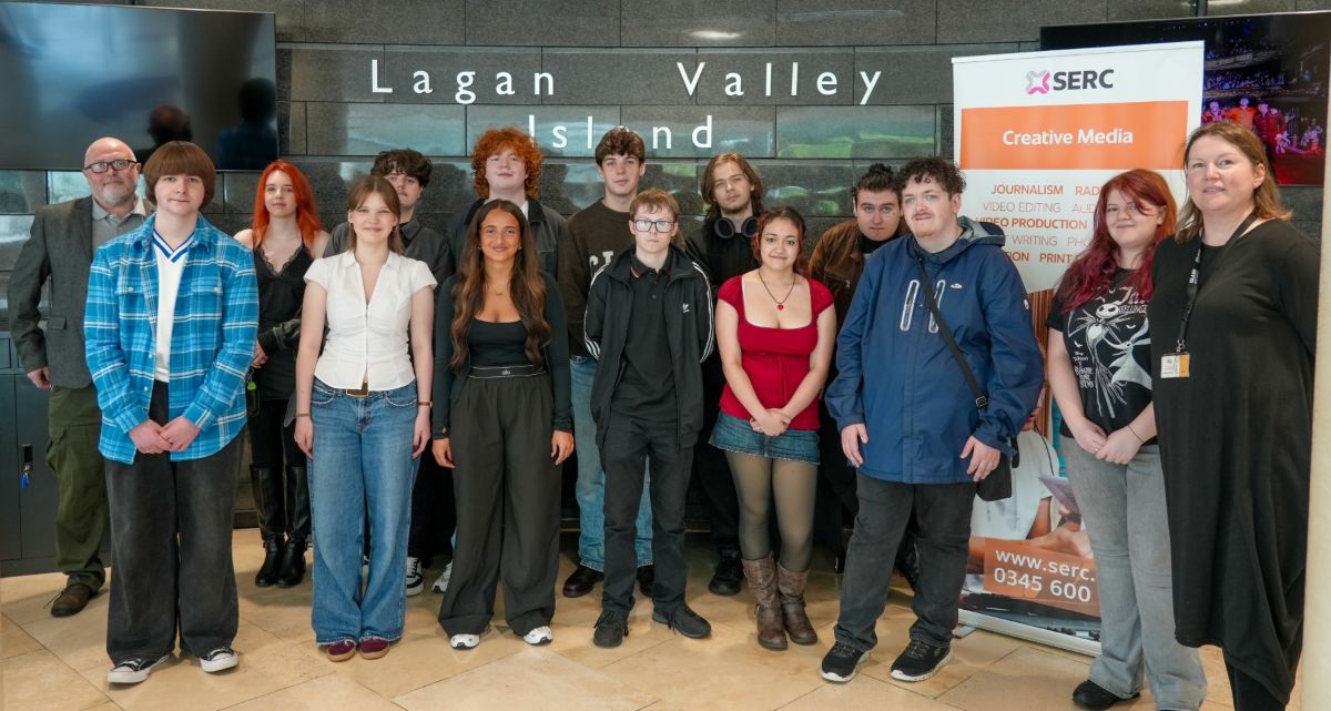 Picture of SERC media students with their tutor and a representative of Island Arts Centre